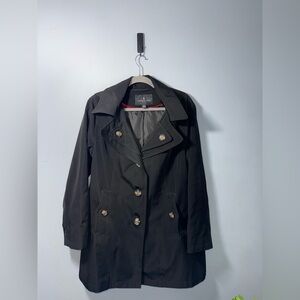 London Fog Women’s Hooded Black Trench Coat size Large EUC
